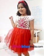 Designer little girl embroidered red dress frock, stylish and festive