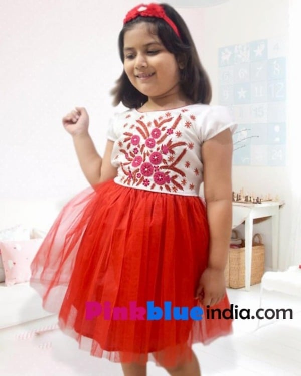 Designer little girl embroidered red dress frock, stylish and festive