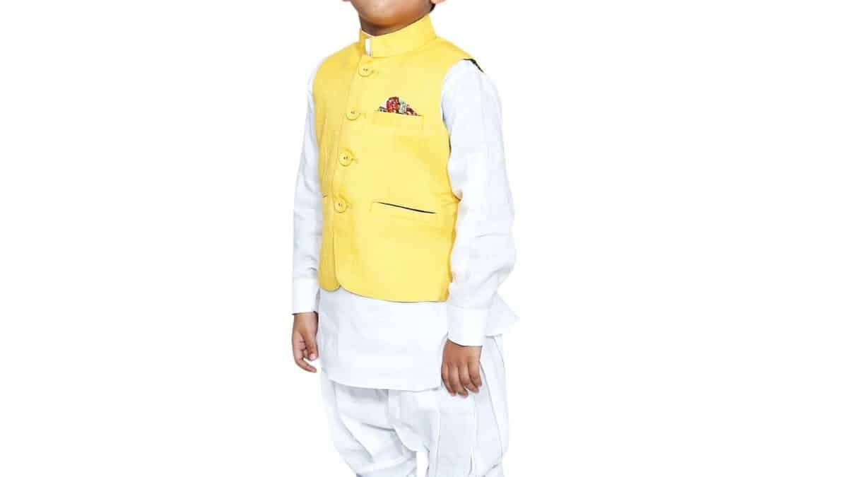 Designer Traditional Kids White Kurta Pyjama with Yellow Jacket