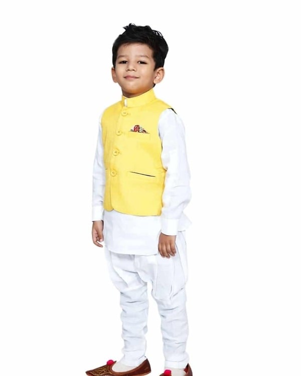 White designer kurta pajama with waistcoat for toddler boys, stylish festival wear