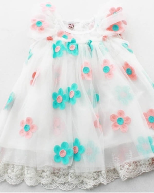 White toddler dress with pastel pink and green flowers for baby girls, festive and stylish