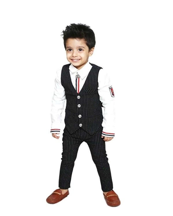 Formal birthday dress for boys, white shirt with black trousers and waistcoat, stylish