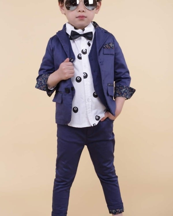 Blue formal suit with trouser, coat, and vest for boys, stylish wedding wear