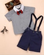 Grey shirt with red bow and blue shorts for baby boys, cute and stylish for parties or gifting