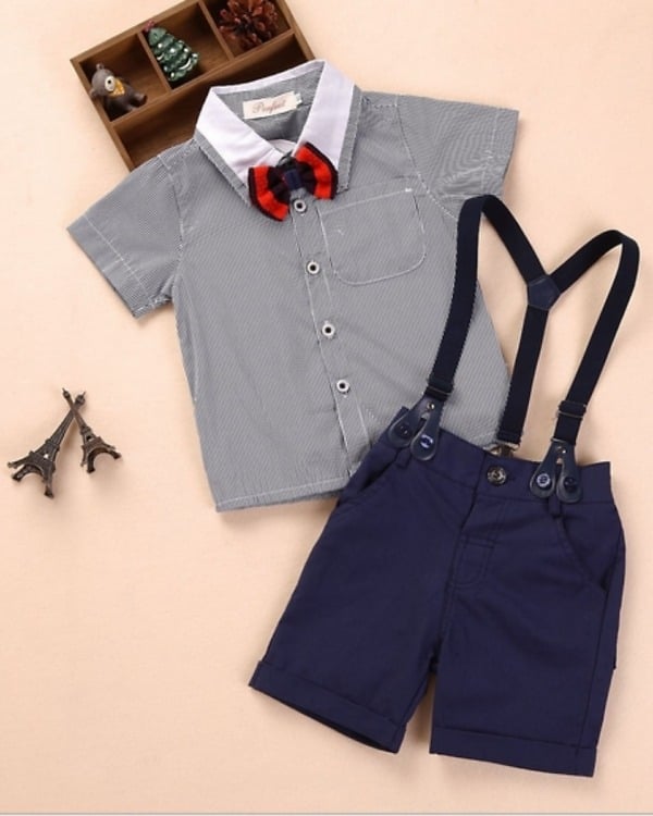 Grey shirt with red bow and blue shorts for baby boys, cute and stylish for parties or gifting