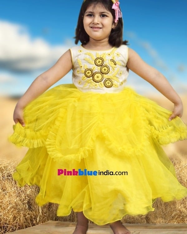 Party wear yellow and white designer luxury dress for girls, stylish and cute for gifting or celebrations