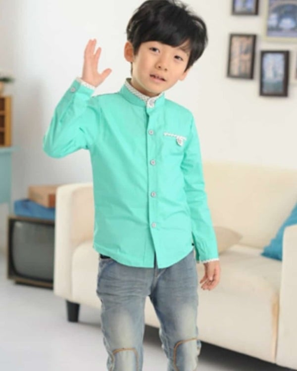Sea green baby boy shirt with grey collars and cuffs, stylish party wear