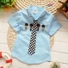 Sky blue shirt with attached black and white check tie, boys party outfit