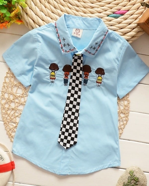 Sky blue shirt with attached black and white check tie, boys party outfit
