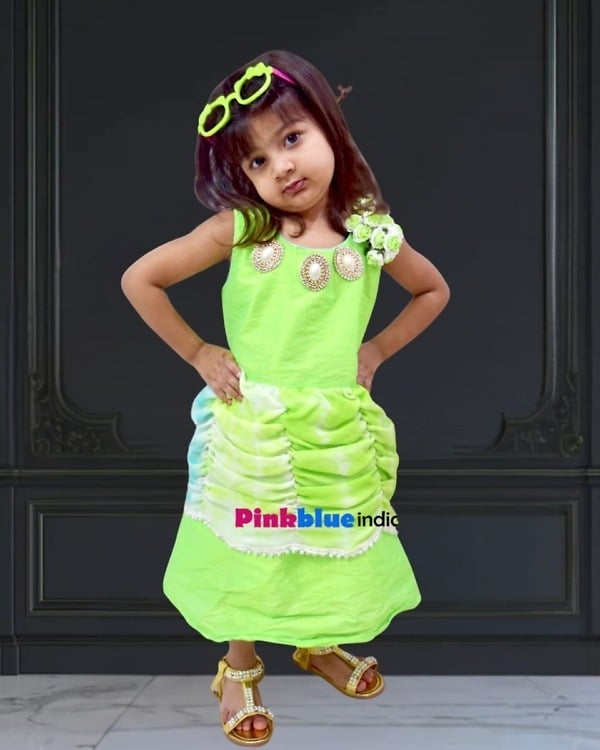 Neon green raw silk flare fashion dress for baby girls, stylish party outfit