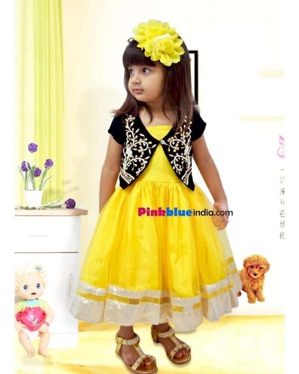 Bright yellow fashion dress for kids, stylish birthday or festival outfit