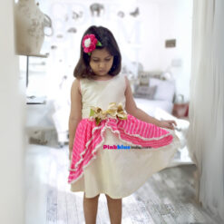 ivory-raw-silk-girls-wedding-dress-with-pink-leheriya-flare