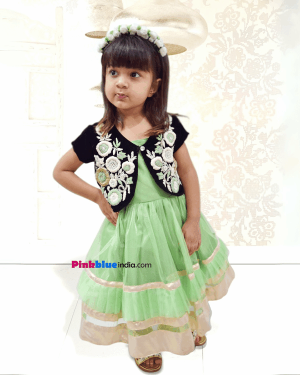 Pista green designer dress for baby girl, elegant outfit for party and festive wear