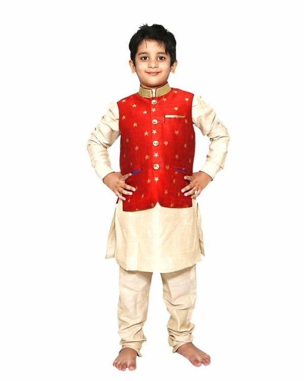 Golden yellow boy kurta pajama with red jacket, wedding & stylish
