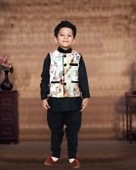 Smart black traditional kurta pajama with jacket for children, stylish and festive