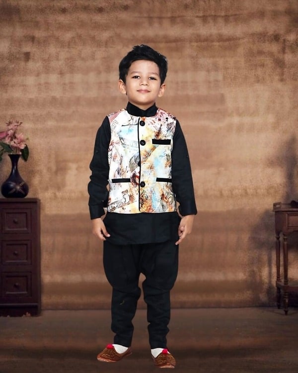 Smart black traditional kurta pajama with jacket for children, stylish and festive