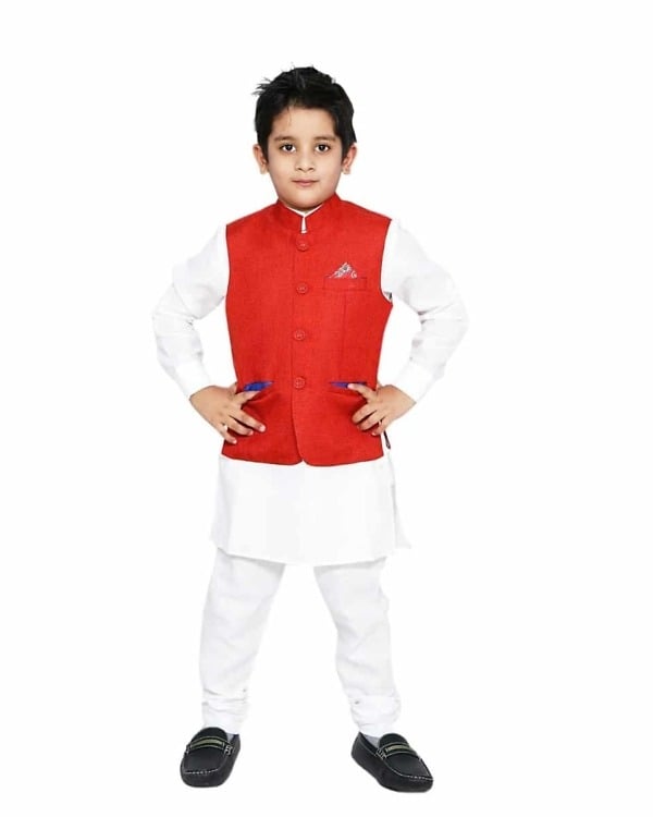 White kurta pyjama with red waist coat for baby boys, stylish and cute for weddings or gifting