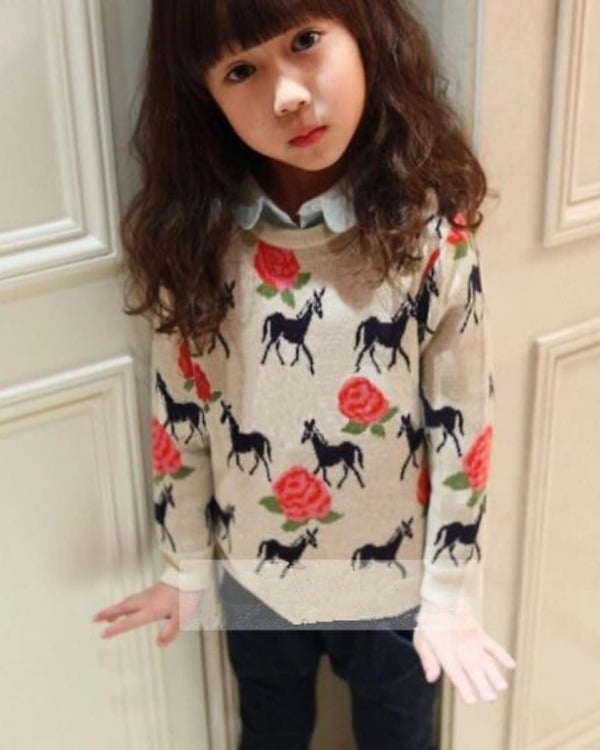 Beige woolen sweater with red flowers for kids, cozy festive outfit