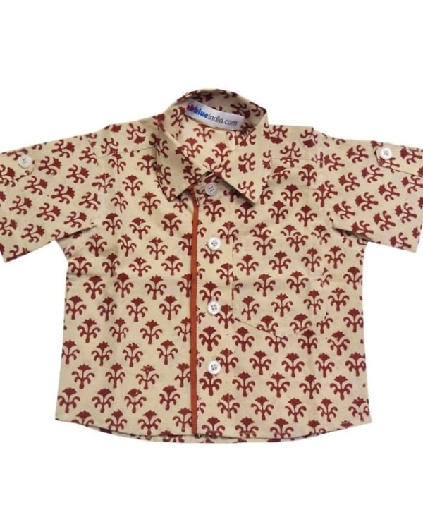 Beige cotton shirt with red floral print for kids