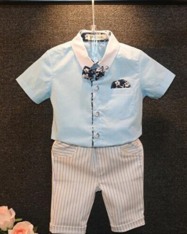 Beige and sky blue formal suit for newborn baby boys, stylish birthday or wedding wear