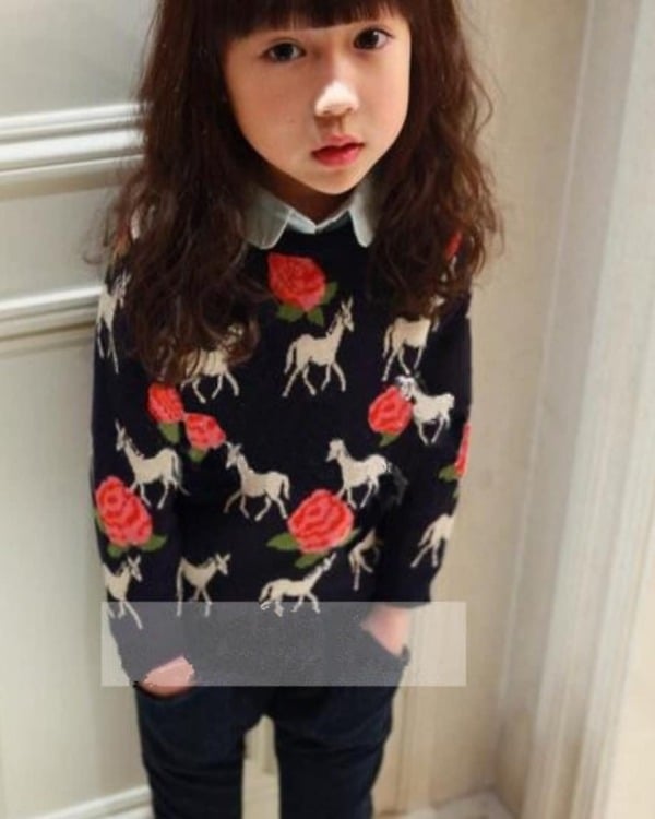 Black sweater with red floral design for girls, cute festive wear