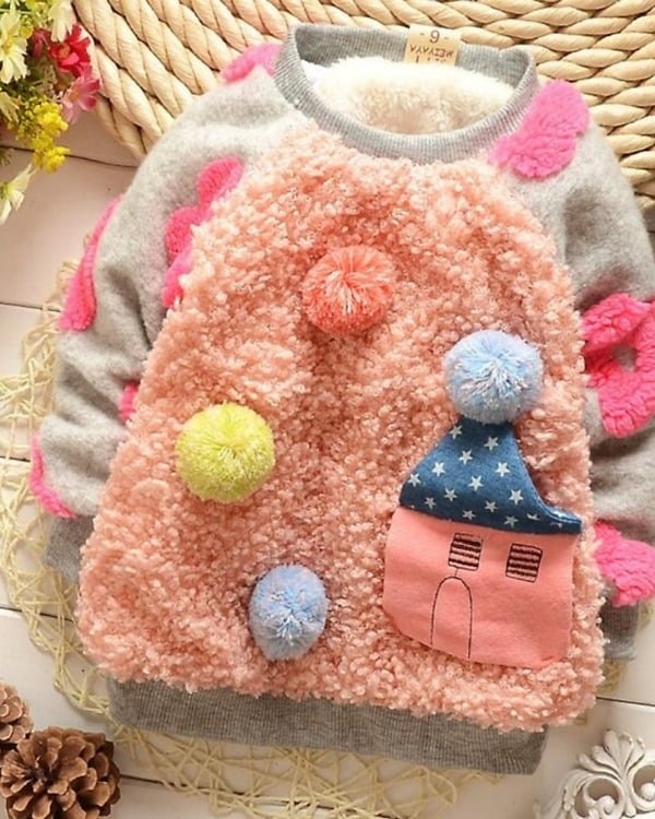 Grey peach girls furry coat, cozy party wear winter outfit