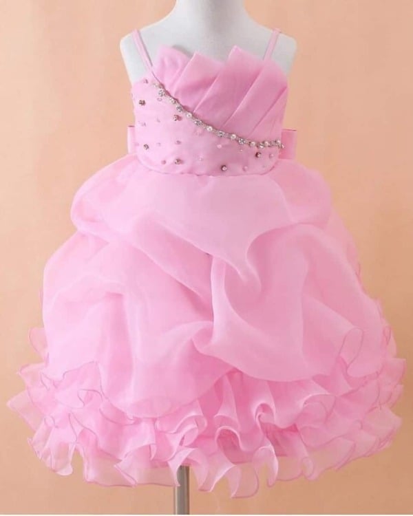 Pink glamorous bodice diamond embellished dress for baby girls, stylish and cute for weddings or gifting