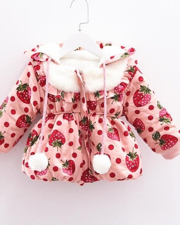 Pink and red strawberry winter coat, girls festive party outfit, cute and cozy