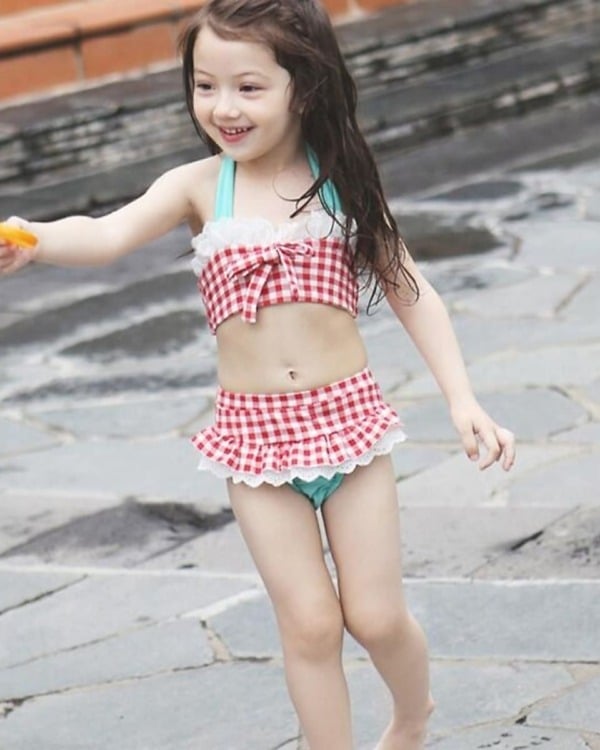 Red and white check swimwear, baby girl, pool party, fun and cute