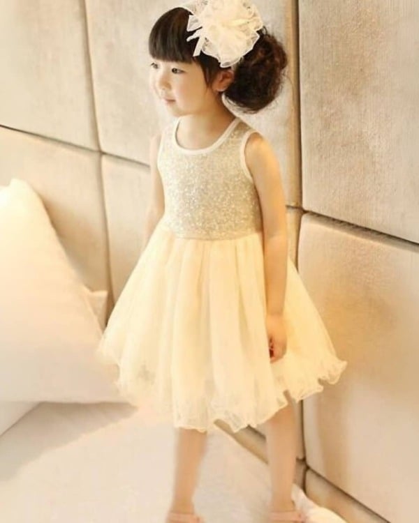Shimmery bodice apricot kids dress, stylish and cute for parties