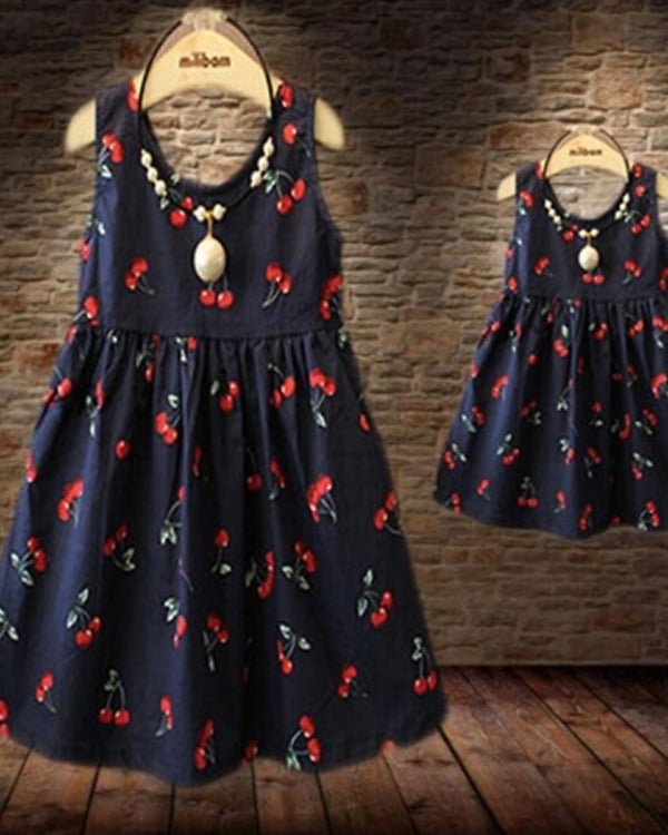Blue cherry print matching outfits for mother daughter, stylish summer wear for outings