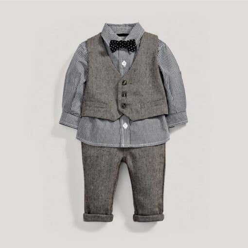 Baby Boy Grey Waistcoat with Pants and Black Checks Shirt Clothing