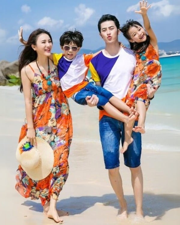 Orange blue family matching outfits, stylish vacation wear for family photoshoots