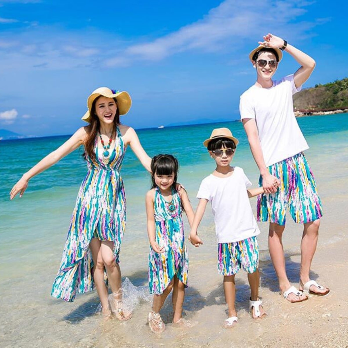 summery-blue-and-pink-matching-outfits-for-family