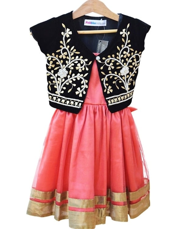 Black velvet Gota Patti jacket with salmon frock, baby girl, festive, stylish party wear