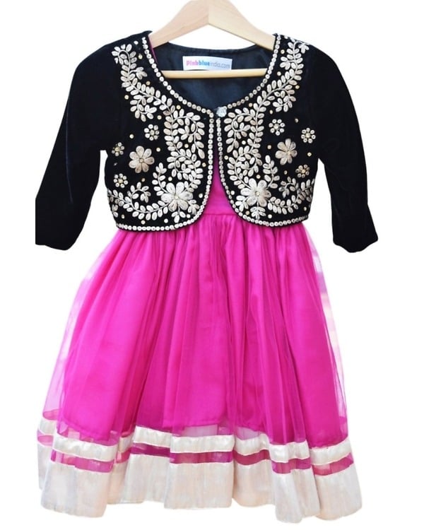 Black velvet jacket with pink frock for baby girls, stylish wedding or party wear