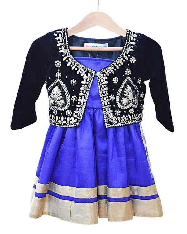 Blue frock with black kasab work for baby girls, festive & stylish