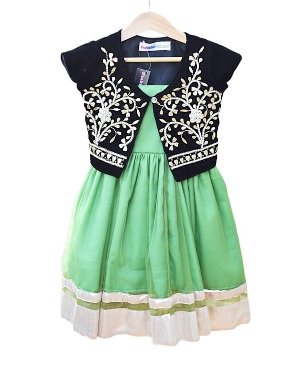 Designer pistachio green wedding kids frock, stylish and cute for gifting or festive occasions