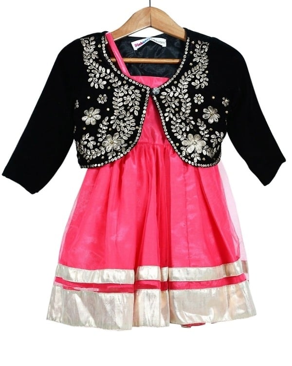 Pink frock with pitta work and black velvet jacket, stylish for parties