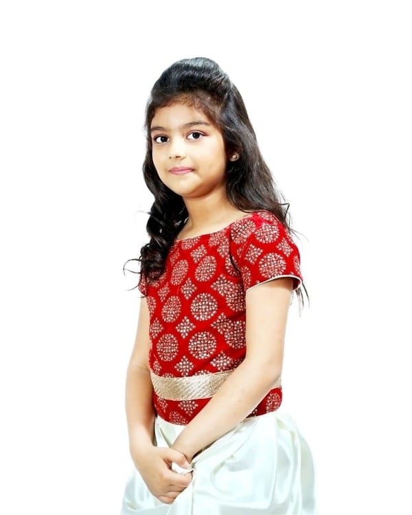 Red velvet bodice with off-white flare asymmetric gown for girls, stylish and elegant