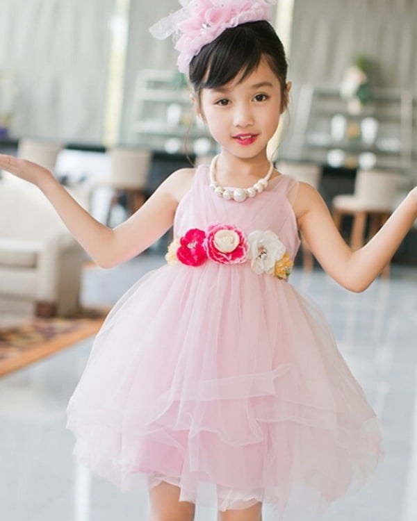 Graceful rose designer net birthday party outfit for girls, elegant and festive
