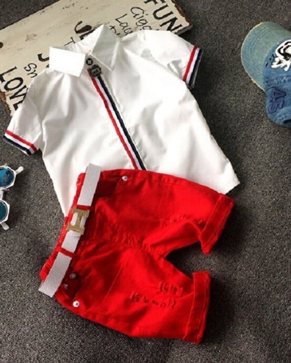 Red and white 2-piece baby boy formal outfit, stylish and cute for weddings or gifting