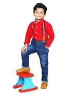 Red shirt and blue jeans toddler boys casual party outfit, cute style