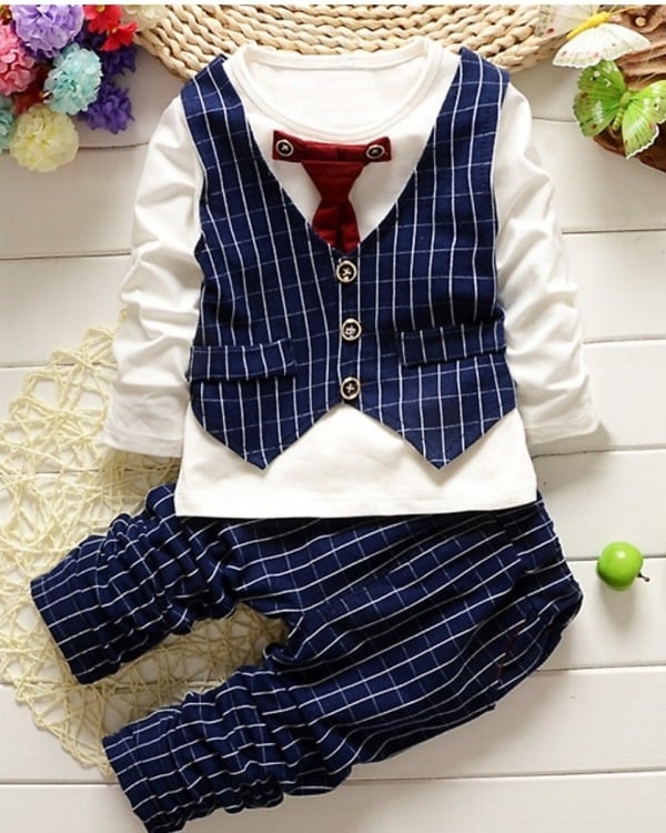 Baby boys formal set, white t-shirt with waistcoat & striped pants, stylish & cute