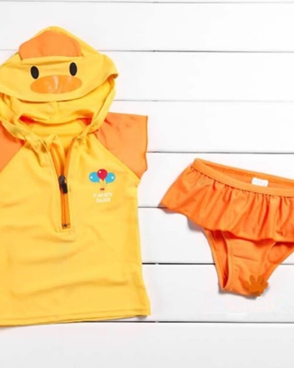 Yellow-orange toddler girl pool party swimwear, cute & fun