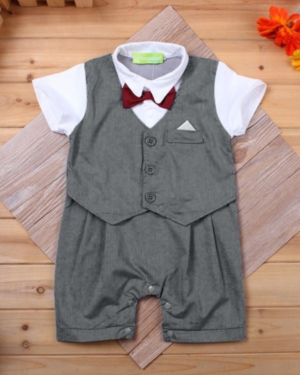 Grey and white baby boy formal romper, stylish and cute for gifting or events