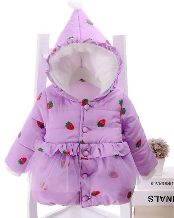 Winter jacket with hood in strawberry print for baby girls, cute and warm for gifting or festivals