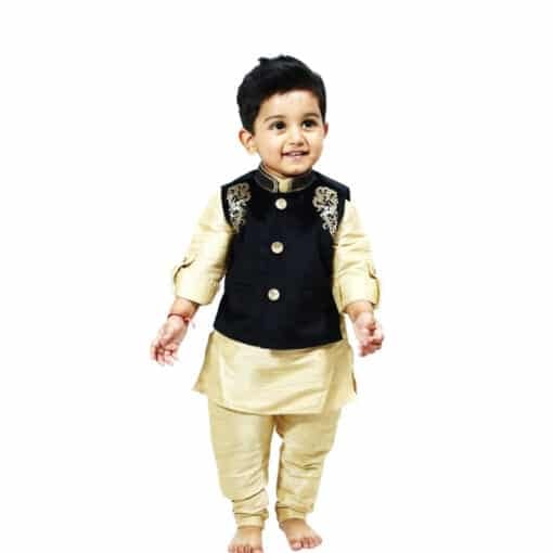 kids-designer-linen-kurta-pajama-set-with-black-velvet-jacket