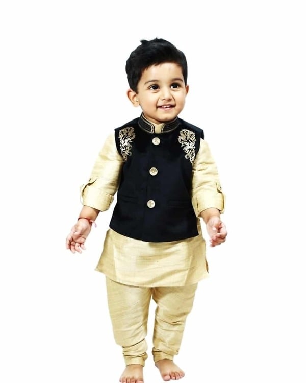Kids designer linen kurta pajama set with black velvet jacket, stylish and festive