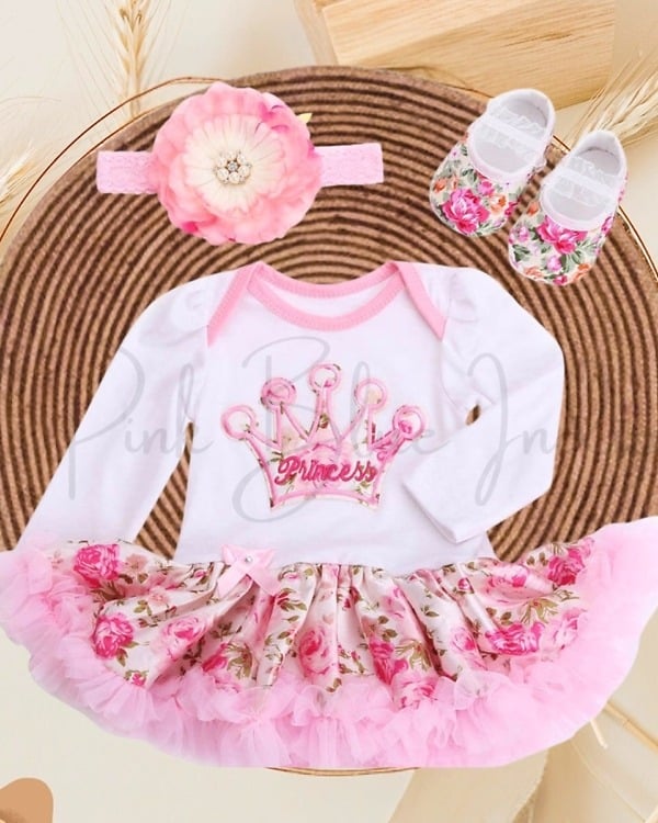 1st birthday princess crown one-piece romper tutu set for baby girls, cute outfit